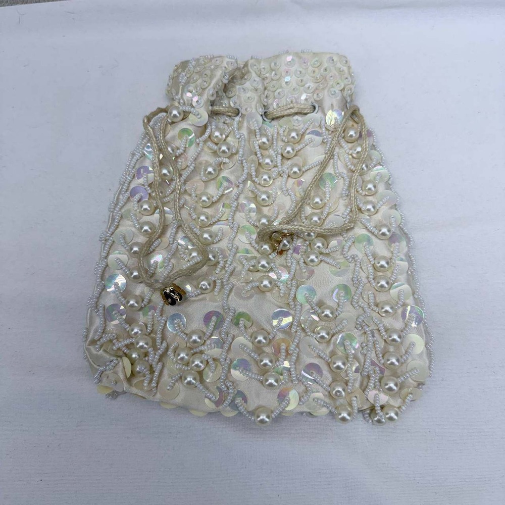 Vintage Mister Ernest Simon Beaded Sequin Pearl Pouch Evening Bag Cream Bridal